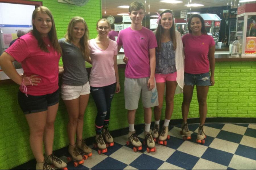 Students strap on their skates for Teens for the Cure. Pictured: Abbey Cumnock, Lauren Bilderback, Kinsey McNary, Jonathan Luke, Emily Barnhouse, and Tiffeny Espinoza
