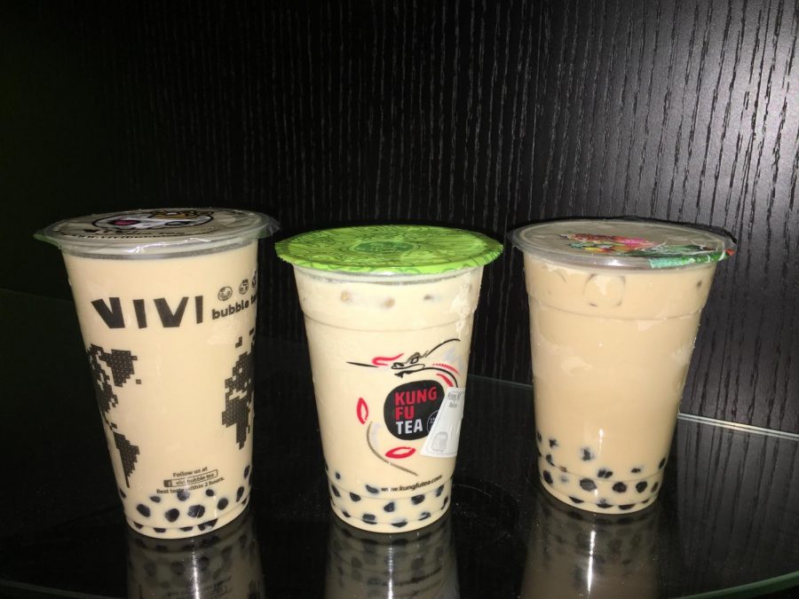 The milk teas from Vivi Bubble Tea, Kung Fu Tea, and Potstickers side by side. 