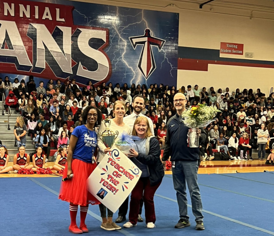 Teacher of the year winner and nominees at the pep rally