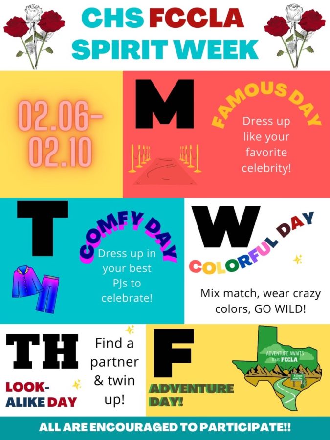 Poster of all the different FCCLA spirit days this week.
