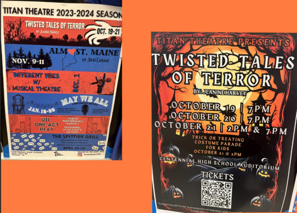 Posters promoting the upcoming Titan Theatre programs at Centennial High School