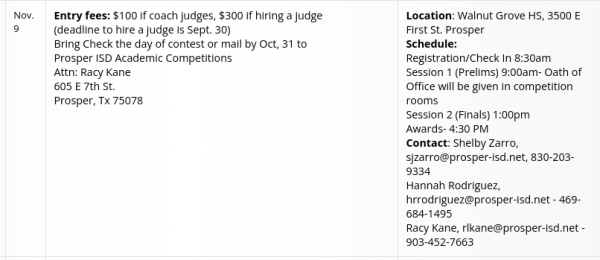 UIL Mock Congress Region meet information, showing the details of the meet 