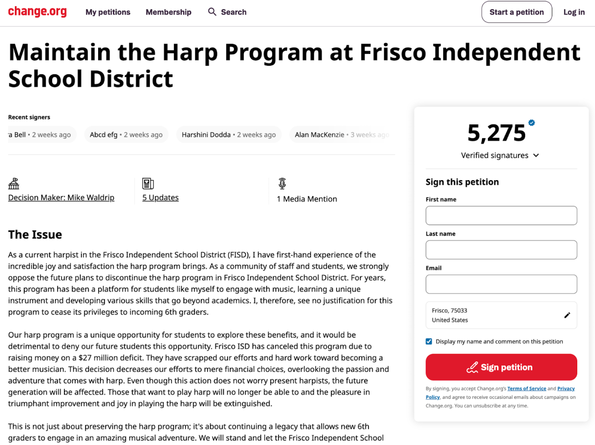 A petition created by Grace Kang to raise awareness about the FISD Harp program getting its funding cut.