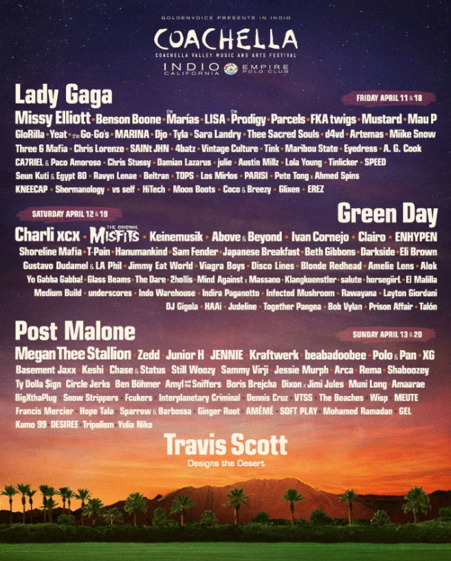 The 2025 artist lineup poster. The poster is put out before Coachella each year to sharing which artists will be performing and headlining the event.
