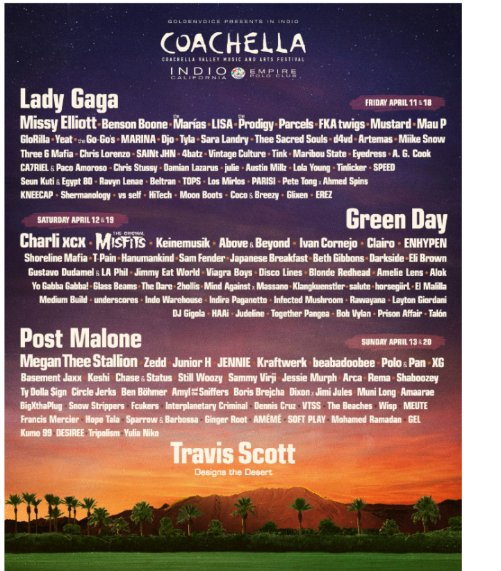 The 2025 artist lineup poster. The poster is put out before Coachella each year to sharing which artists will be performing and headlining the event.
